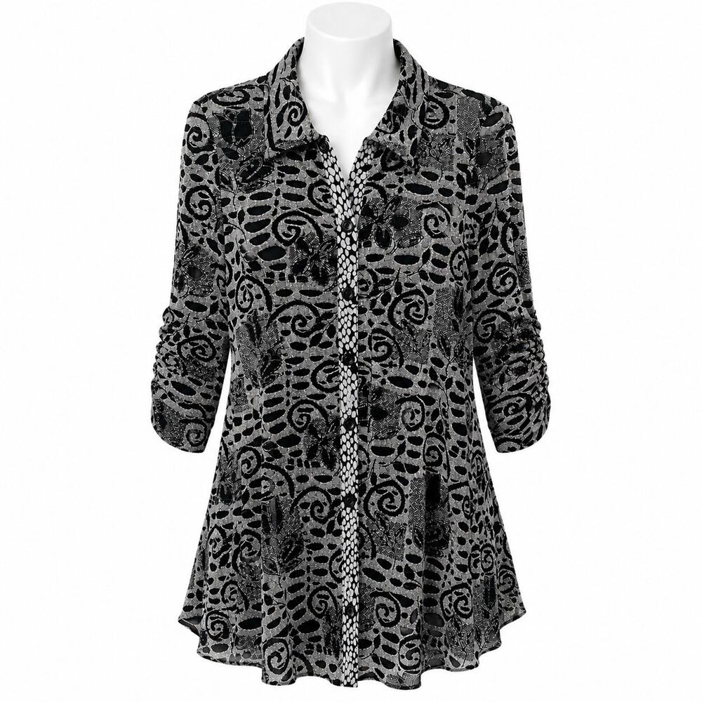 Joseph Ribkoff Top Size 10 Silver Black Metallic 3/4Ruched Sleeve Cocktail Party